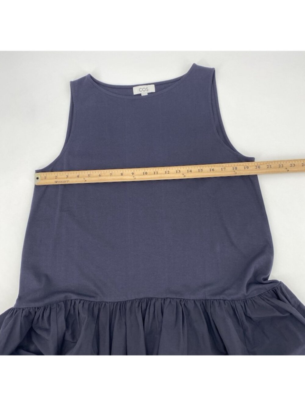 COS Size L Navy Blue Midi Dress Sleeveless Contrast Gathered Tiered Minimalist - Picture 3 of 16